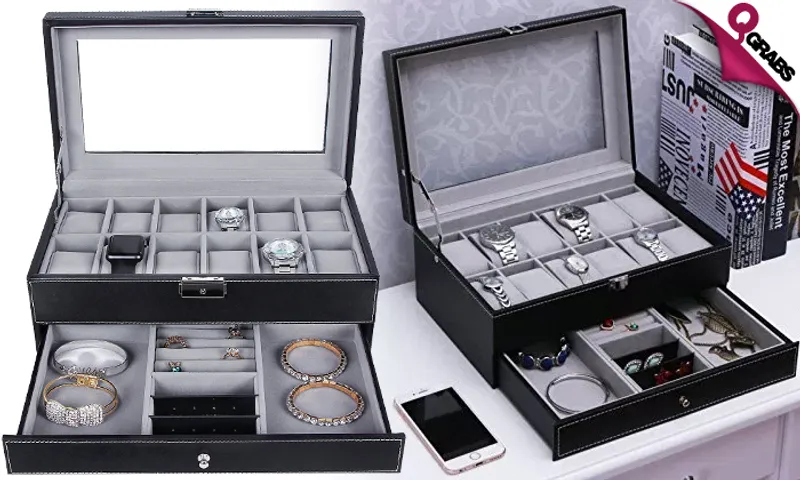 12-Slot Watch & Jewelry Organizer with Lock & Key!